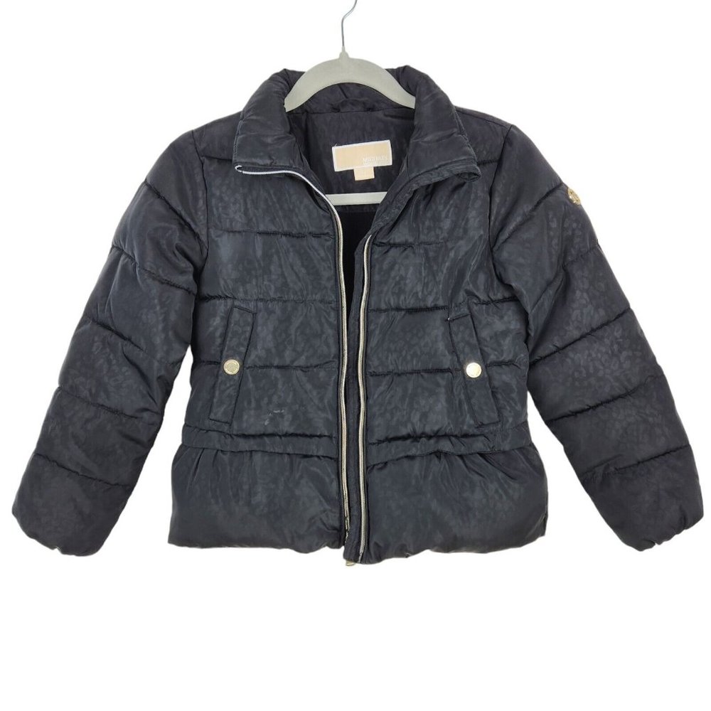 Michael Kors Girls Sz 7/8 Black Winter Quilted Puffer Jacket Animal Print‎